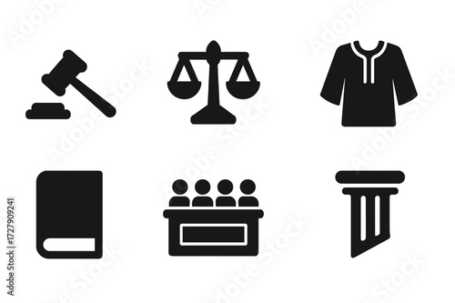 Court Symbols Icon Set. Solid, filled icon set of court symbols: gavel, scales, courthouse, judge?s robe, law book, jury box, legal hammer, justice column.