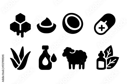 Lip Balm Ingredients Icons. Solid, filled icon set of lip balm ingredients: beeswax, shea butter, coconut oil, vitamin E, aloe vera, jojoba oil, lanolin,