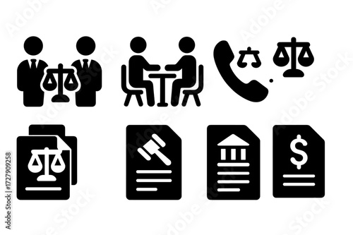 Lawsuit Communication Icons. Solid, filled icon set of lawsuit communication: negotiation, mediation, phone call, email, document sharing, court summons,