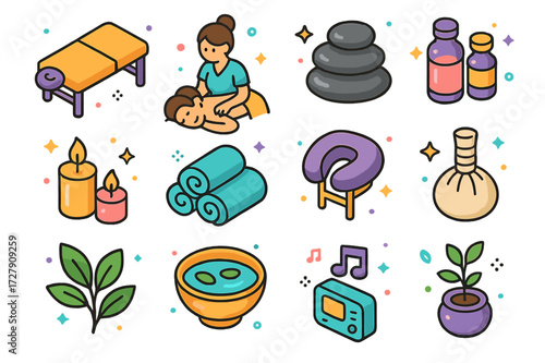 Colorful Isometric Spa Icons. Spa treatment. Colorful isometric vector icons set of Spa treatment: massage table, therapist, client, hot stones, essential
