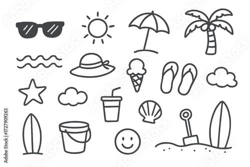 Beach Doodle Icons. Hand-drawn doodle illustration wearing sunglasses sunglasses, sun, beach umbrella, palm tree, waves, hat, ice cream, flip flops, star,