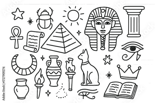 Ancient Egypt Icons. Hand-drawn doodle illustration Ancient Egypt exhibit pyramid, pharaoh mask, scarab, ankh, papyrus scroll, vase, cat statue, eye of Horus,