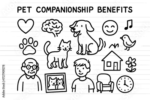 Pet Companionship Icons. Hand-drawn doodle illustration [pet companionship benefits] [heart, brain, smile, paw print, dog, cat, elderly person, youth, house,