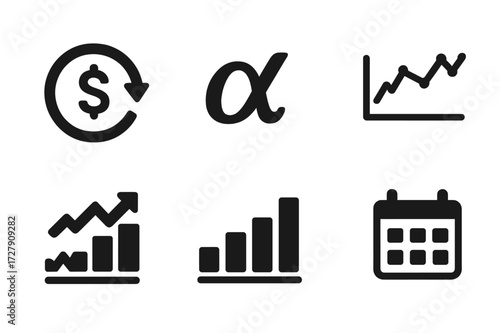 Performance Metrics Icons. Solid, filled icon set of performance metrics: ROI, alpha, beta, Sharpe ratio, volatility, benchmark, growth chart, calendar. Solid,