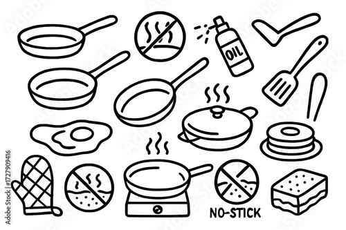 Non-Stick Cookware Doodles. Hand-drawn doodle illustration [Non-stick cookware] [frying pan, non-stick coating icon, pan handle, oil spray, spatula, ceramic