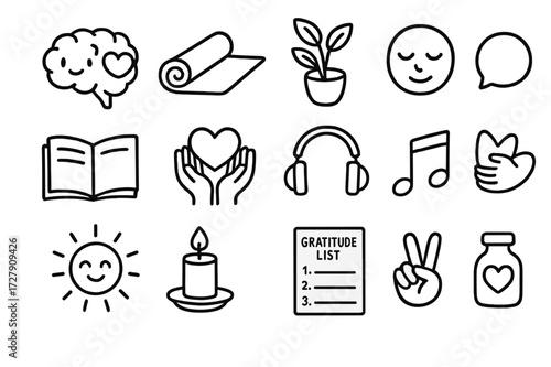 Mental Wellness Icons. Hand-drawn doodle illustration Mental wellness and companionship [brain with heart, yoga mat, potted plant, calm face, book, hands