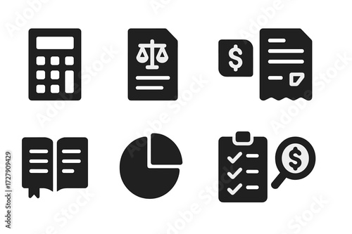 Accounting Tools Icons. Solid, filled icon set of accounting tools: calculator, balance sheet, invoice, tax form, ledger book, pie chart, budget planner, money