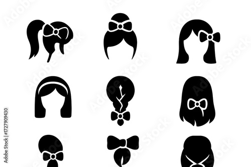 Bow Hairstyle Icons. Solid, filled icon set of bow hairstyles: bow ponytail, bow bun, side bow, headband bow, braided bow, loose hair bow, low bow, twisted