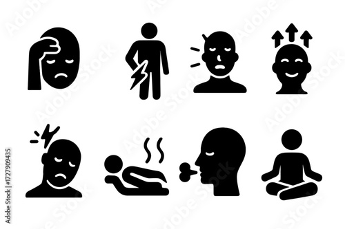 Relief Icons Set. Solid, filled icon set of relief concepts: stress relief, pain relief, tension release, anxiety relief, headache relief, muscle relaxation,