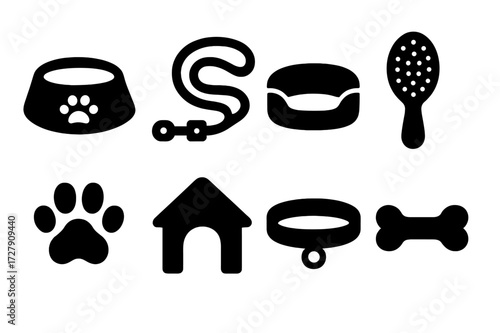 Pet Care Icons. Solid, filled icon set of pet care items: pet bowl, leash, pet bed, grooming brush, paw print, pet house, collar, bone. Solid, filled icons in