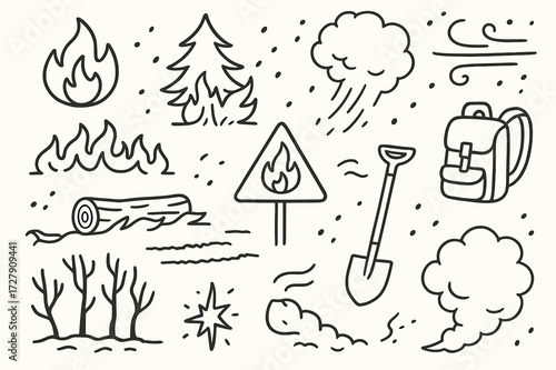Forest Fire Doodle. Hand-drawn doodle illustration Forest Fires flame, pine tree, smoke plume, fireline, burned log, firebreak, falling ash, warning sign, wind
