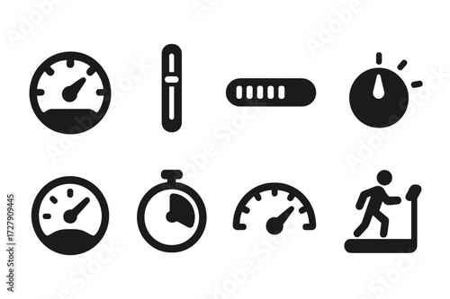 Pace Control Icons. Solid, filled icon set of pace control and monitoring: dial gauge, speed regulator, progress bar, volume control knob, slider, speed dial,
