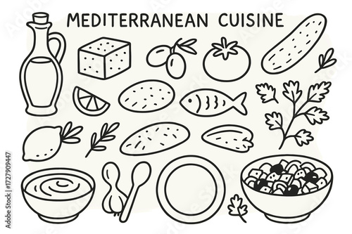 Mediterranean Cuisine Doodles. Hand-drawn doodle illustration [Mediterranean cuisine] [olive oil, feta cheese, olives, tomato, cucumber, pita bread, lemon,