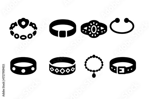 Bracelet Icon Collection. Solid, filled icon set of bracelet styles: vintage, modern, boho, minimalist, statement, ethnic, elegant, sporty. Solid, filled icons