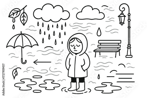 Rainy Street Doodle. Hand-drawn doodle illustration [rainy mood concept] [clouds, falling rain, umbrella, closed eyes face, hooded figure, hands in pocket,