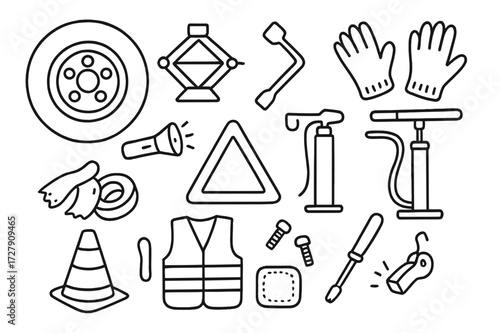 Flat Tire Essentials. Hand-drawn doodle illustration Flat tire repair spare tire, car jack, lug wrench, gloves, flashlight, wheel, warning triangle, reflective