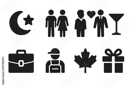 Fragrance Icon Set. Solid, filled icon set of fragrance occasions: evening event, casual day, romantic date, formal party, office wear, outdoor activity,