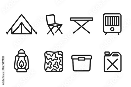 Mobile Shelter Icons. Outline icon set of mobile shelter: tent, folding chair, table, portable heater, lighting lamp, camouflage net, storage box, water