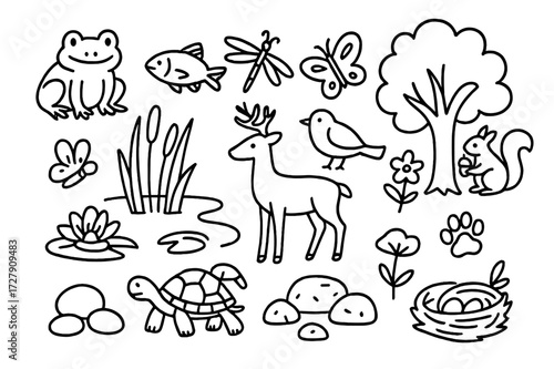 Wildlife Doodle Icons. Hand-drawn doodle illustration [wildlife around springs] [frog, fish, dragonfly, butterfly, bird, turtle, deer, reeds, water lily, nest,