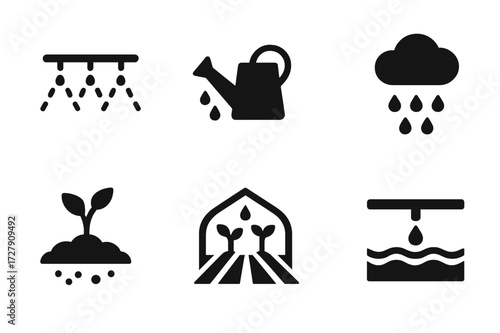Agriculture Icon Set. Solid, filled icon set of moisture in agriculture: irrigation system, watering can, raincloud, soil, sprout, greenhouse, crop field, drip