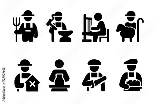 Peasant Occupations Icons. Solid, filled icon set of peasant occupations: farmer, blacksmith, weaver, shepherd, miller, potter, carpenter, baker. Solid, filled