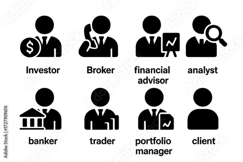 Finance Icon Set. Solid, filled icon set of investment participants: investor, broker, financial advisor, analyst, banker, trader, portfolio manager, client.