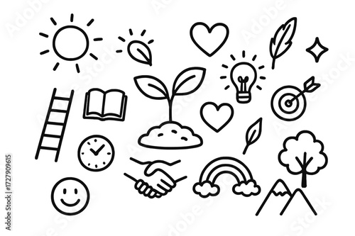 Personal Growth Doodle. Hand-drawn doodle illustration Personal growth plant sprouting, ladder, book, heart, sun, star, lightbulb, feather, target, clock,