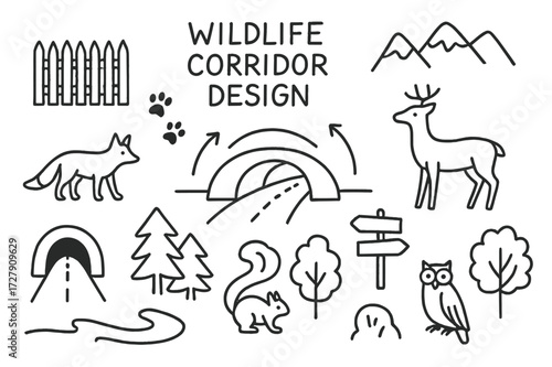 Wildlife Corridor Sketch. Hand-drawn doodle illustration [Wildlife corridor design] [fence, bridge, forest, fox, deer, tracks, arrows, road, tunnel, mountain,