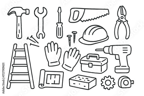 Disaster Relief Tools Icons. Hand-drawn doodle illustration Disaster relief tools hammer, wrench, screwdriver, saw, pliers, tape measure, nails, ladder,