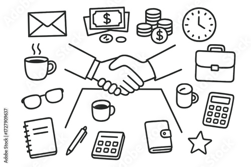 Money Meeting Icons. Hand-drawn doodle illustration money meeting table bills, coins, envelope, handshake, clock, coffee cup, glasses, briefcase,