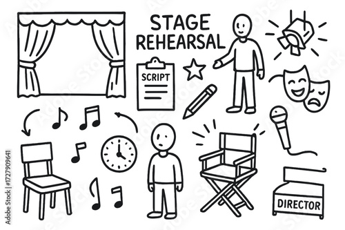 Theater Rehearsal Icons. Hand-drawn doodle illustration Stage rehearsal stage curtain, actor figure, script, clipboard, pencil, spotlight, star, mask comedy,