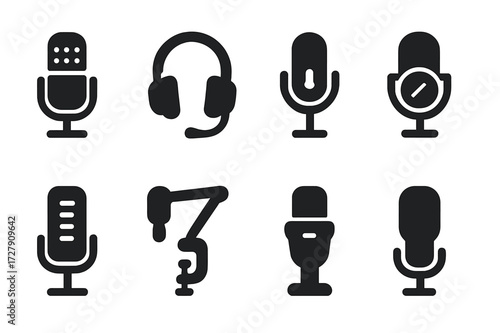 Gaming Mic Icon Set. Solid, filled icon set of gaming and streaming mics: RGB mic, gaming headset, desktop boom mic, mic with mute button, mic with LED level,