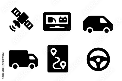 Vehicle Fleet Icons. Solid, filled icon set of vehicle fleet tracking: GPS satellite, dashboard, speedometer, van, truck, route map, steering wheel, fuel