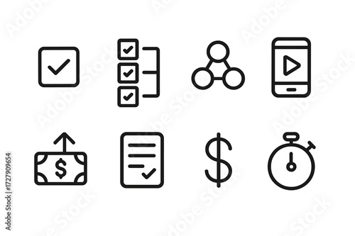 Betting Icon Set. Outline icon set of bet types: single bet, accumulator, system bet, live bet, cash out, betting slip, dollar sign, stopwatch. Line icons in