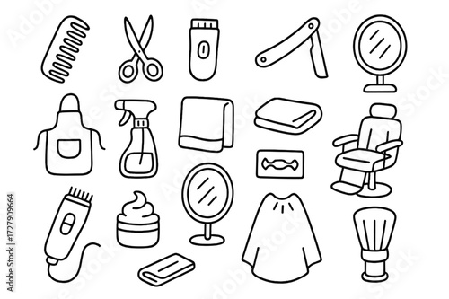 Barber Tools Doodle. Hand-drawn doodle illustration [Barber and grooming set] [comb, scissors, electric trimmer, straight razor, brush, apron, spray bottle,