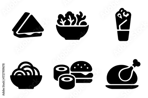 Lunch Meal Icons. Solid, filled icon set of lunch meals: sandwich, salad bowl, soup cup, wrap, pasta plate, sushi roll, burger, grilled chicken. [Line icons in