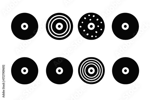 Crash Cymbal Icons. Solid, filled icon set of crash cymbal materials: B20 bronze, B8 bronze, brass, nickel silver, stainless steel, hand-hammered, lathed,