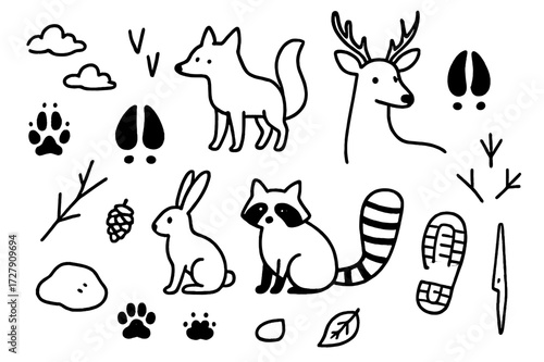 Winter Animal Tracks. Hand-drawn doodle illustration Animal signs in winter, paw prints, hoof prints, bird tracks, snow, boot print, fox, deer, rabbit,