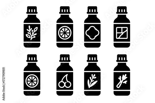 Bitters Icons Grid. Solid, filled icon set of bitters types: aromatic bitters, orange bitters, Peychaud?s bitters, chocolate bitters, grapefruit bitters,