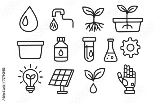 Hydroponics System Doodle. Hand-drawn doodle illustration hydroponics system water droplet, tube, plant roots, tray, seedling, container, nutrient bottle, test