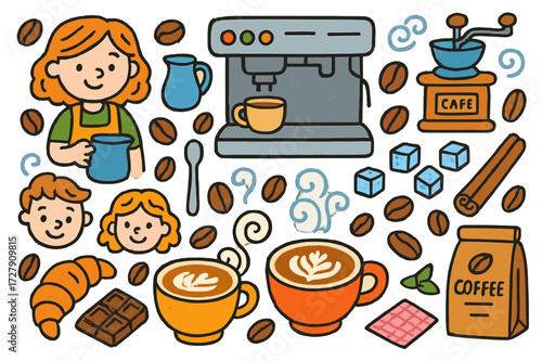 Coffee Shop Doodles. Barista time. Colorful Hand-drawn doodle Children illustration Coffee machine, coffee cup, latte art, milk jug, coffee beans, spoon, sugar