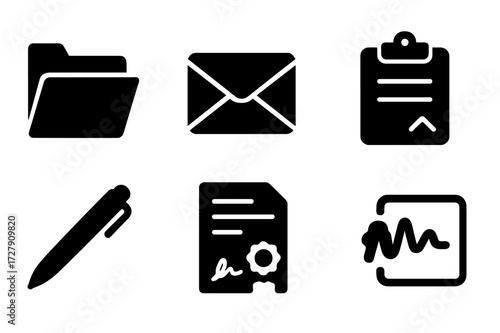 Bid Submission Icons. Solid, filled icon set of bid submission: document folder, email, upload arrow, clipboard, pen, contract, seal, digital signature. Line