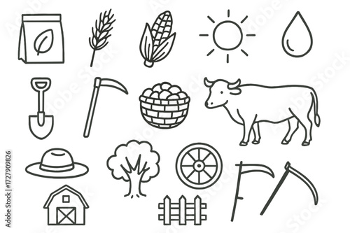 Farm Life Icons. Hand-drawn doodle illustration Crop cultivation seed, grain stalk, corn cob, sun, water droplet, shovel, hoe, basket, ox, barn, farmer hat,