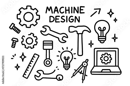 Machine Design Doodles. Hand-drawn doodle illustration Machine Design [gear, cogwheel, bolt, screw, wrench, hammer, piston, light bulb, blueprint, ruler,