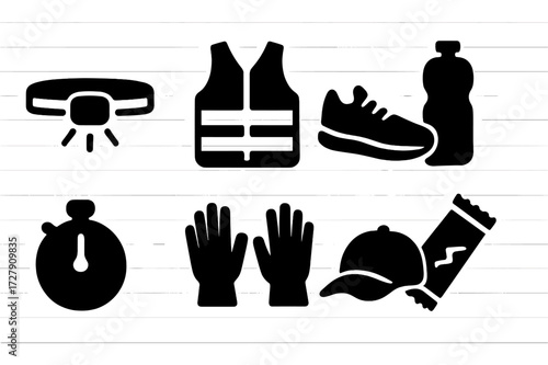 Night Run Essentials. Solid, filled icon set of night run essentials: headlamp, reflective vest, running shoes, water bottle, stopwatch, gloves, cap, energy