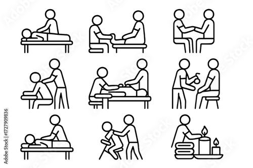 Spa Treatment Icons. Relaxing spa treatments. Line icon set of relaxing spa treatments: therapist giving back massage, therapist giving foot massage, therapist