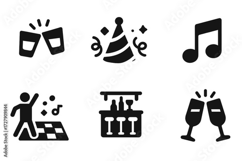 Party Icon Grid. Solid, filled icon set of shot party and events: clinking shot glasses, party hat, confetti, dance floor, music note, bar counter, neon sign,