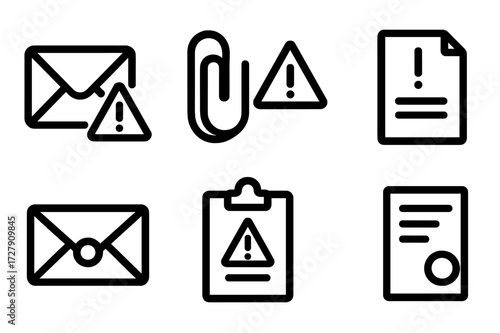 Caution Icon Set. Solid, filled icon set of caution letter: envelope with alert, paperclip with warning, letter with exclamation, document with flag, sealed