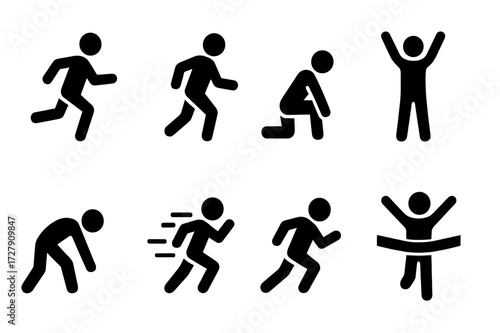 Park Run Icon Set. Solid, filled icon set of park run activities: running, jogging, stretching, warm-up, cool-down, sprinting, pacing, crossing finish line.