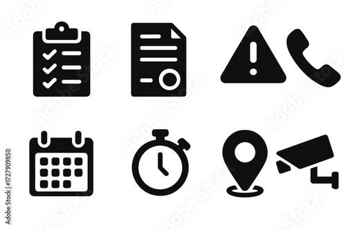 Repo Process Icons. Solid, filled icon set of repo process: clipboard checklist, contract paper, warning notice, phone receiver, calendar, stopwatch, GPS